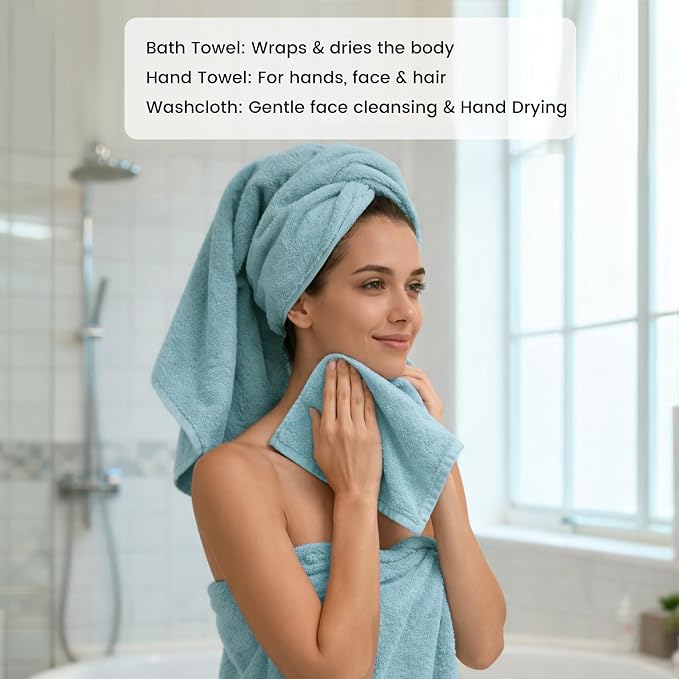 SEMAXE Bath Towel Set, 12 Piece Cotton Towel Set for Bathroom, More Towels for Family Use, Quick Dry with Hanging Loops, Easy Care, Blue