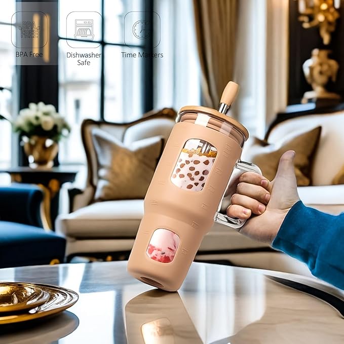 Glass Tumbler with Lid, 32 oz Glass Cup with Handle, Glass Water Bottles with Time Marker, 2 Straws - Pearl Straw & Silicone Protective Sleeve - Amber