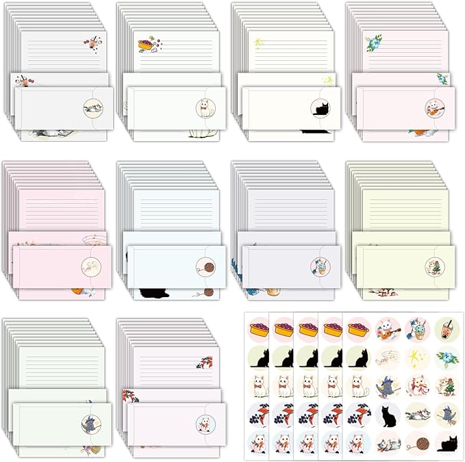 EggSun 250Pcs Cute Stationery Paper and Envelope Set with 100 Letterhead Papers and 50 Envelopes, 10 Design for Letter Writing Invitations Computer Holidays Party Notes, 8.5x11 Inch- Lined Cat