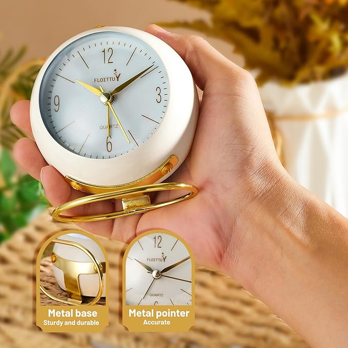 FLOITTUY Silent Table Analog Alarm Clock No Ticking, Lighted on Demand and Battery Operated, Beep Sounds, Small Desk Clock(White)