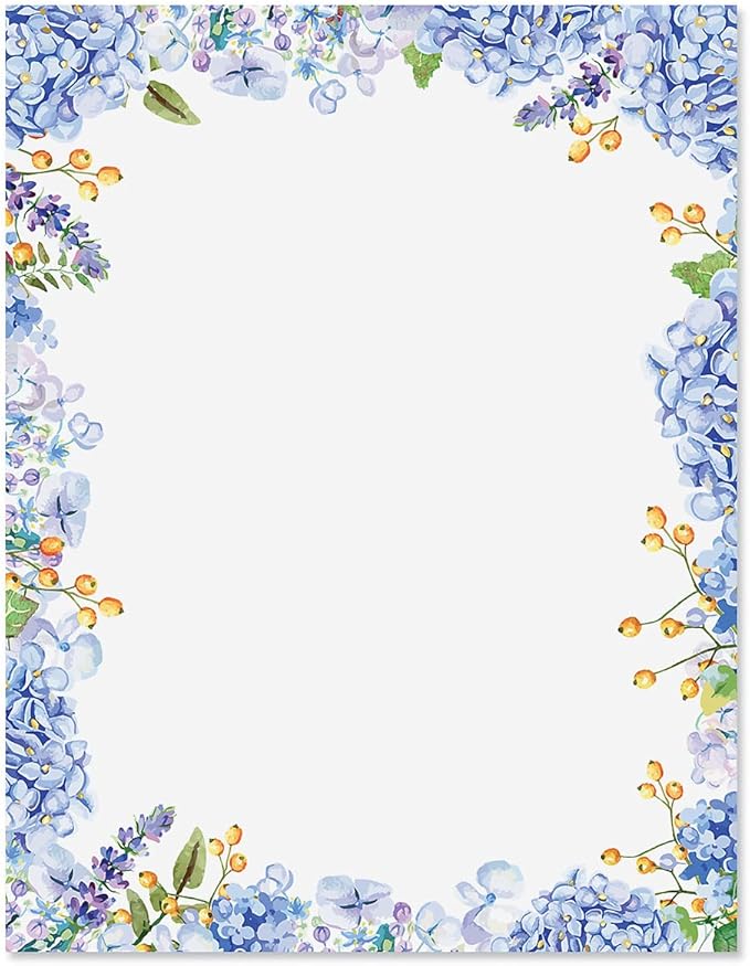 Current Hydrangeas Floral Letter Paper - Spring Stationery Papers With Decorative Hydrangeas Border, Printable Holiday, Wedding & Bridal Shower, & Invitation Sheets, Set of 25, 8 1/2" x 11"