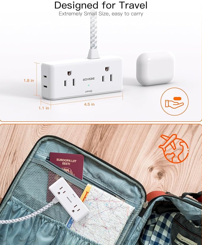 Extension Cord 10 ft, BESHON Flat Plug Power Strip, 4 Widely Outlets with 3 USB Ports (2 USB C), Extension Cord with Multiple Outlets for Home, Office, Dorm Room Essentials