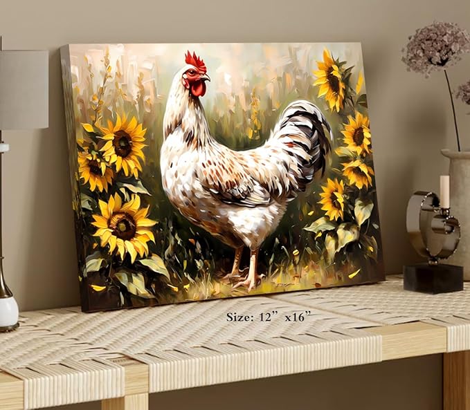 ZOIYINO Farmhouse Rooster Wall Art,Chicken Farm Kitchen Wall Art,Rustic Sunflower Chicken Barn Pictures Wall Decor,Sunflower Rooster Poster for Kitchen Bathroom Dining Room Decor(16"x12")