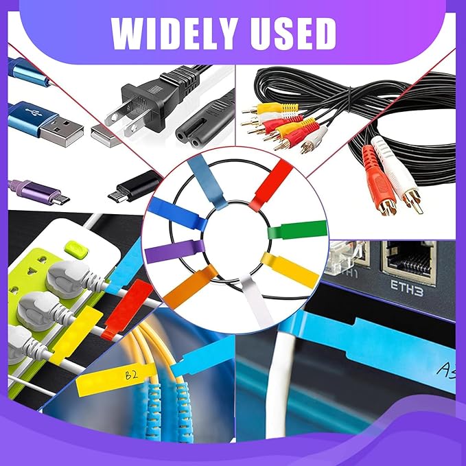 600 PCS Cable Labels - 12 Color Wire Tags for Laser Printing & Handwriting, Waterproof Tear-Resistant Cord Organizers, Strong Adhesive for IT, Office & Industrial Use