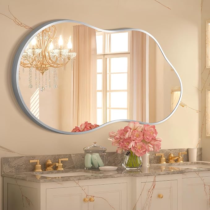 Dorlicecass Irregular Wall Mirror - Wall Mirrors Decorative 20"x36" Silver Asymmetrical Mirror Tempered Glass Aviation Aluminum Alloy Frame for Bathroom, Bedroom, Living Room, Cloakroom, Entryway