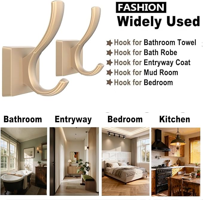 TOFIIGREM Gold Hooks for Wall, Heavy Duty Thick Aluminum Alloy Entry Coat Hooks for Hanging Key Robe Hat Backpack, Wall Mount Holder Bathroom Kitchen Garage(4 Pack, Gold)
