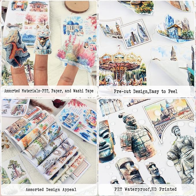 Dwpetzo Travel Scenery Scrapbook Stickers for Scrapbooking, Precut Landmark PET Washi Sticker Book for Journaling, Junk Journals Supplies, Planner, Crafts Arts, A5, 20 Sheets