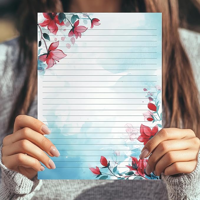PARTH IMPEX 56 Sheets Watercolor Floral Lined Writing Paper 8.5x11 - Letter Size Ruled Stationery Letterhead Printer Paper - 120gsm Thick Decorative scrapbooking Colored Antique Aged Flowers Design