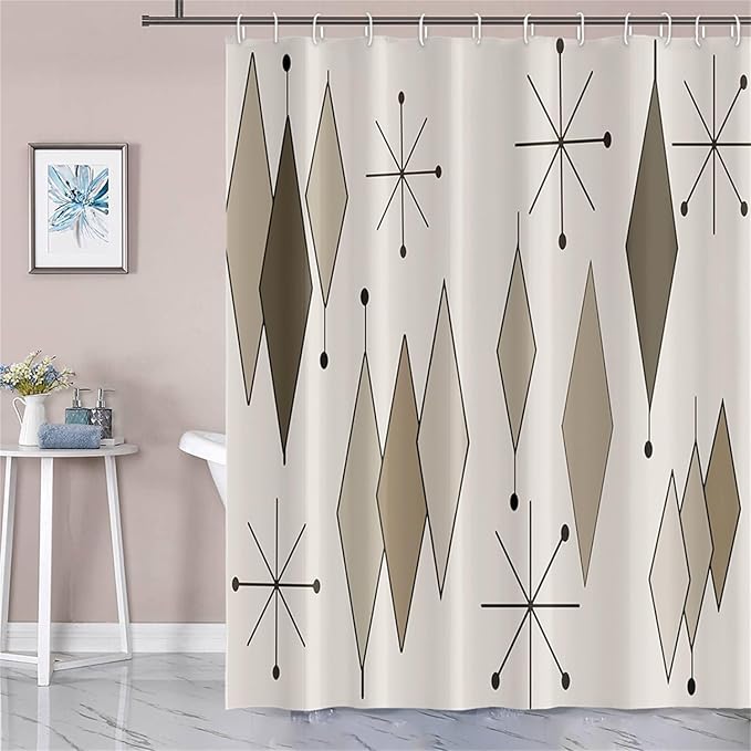 Boho Light Grey Brown Shower Curtain Abstract Mid Century Diamond Geometric Atomic Starburst Pattern Beige for 1950s Retro Bathroom Decor Shower Curtain Set with 12 Hooks, 72x78 Inches