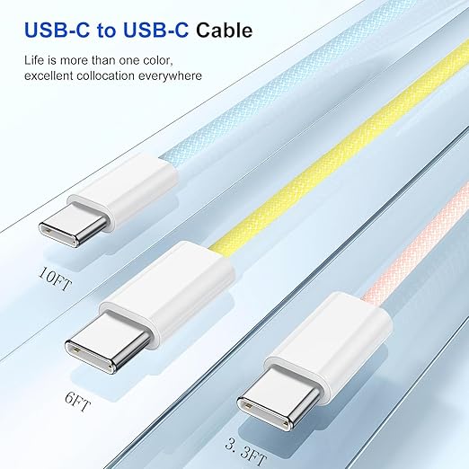 USB C to USB C Charging Cable,3-Pack [3.3/6/10FT] (60W)Nylon Braided Type C Fast Charge Cord,USBC Fast Charging Cable for iPhone 15/15 Pro Max/15Pro/MacBook Air 2023/iPad Pro 2023,iPad Air 5,and More