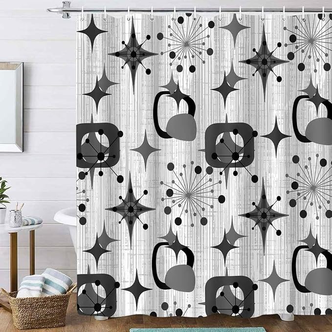 Mid Century Shower Curtain, 72x84inch, Modern Abstract Retro Grey Striped Geometric Shower Curtain Sets 1950s Boho Bathroom Shower Curtain with 12 Hooks