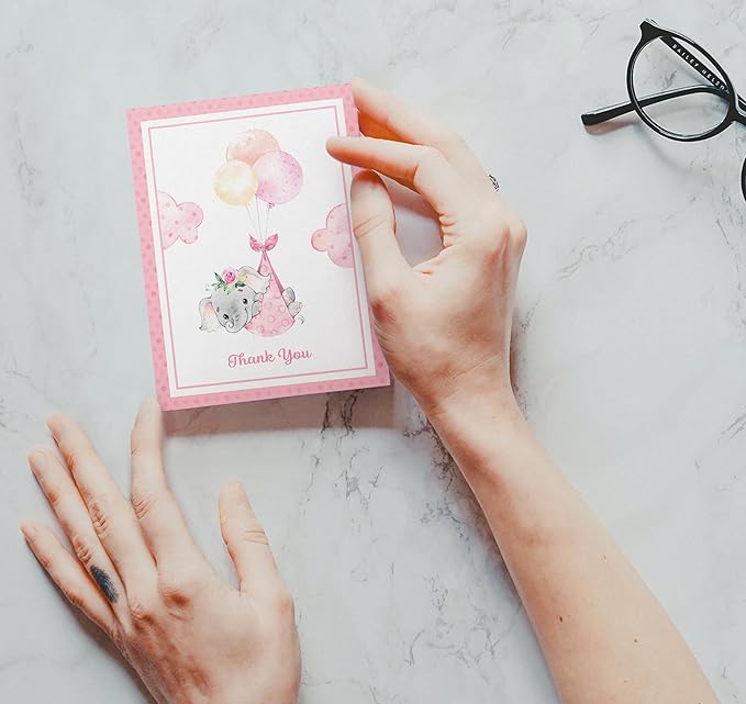 Twigs Baby Shower Thank You Cards with Envelopes - 12 Set Baby Shower Cards for Girl, New Baby Congratulations Cards, Welcome Baby Card, Made in the USA - Pink Elephant Designs, 5.5 x 4.25 Inch Size