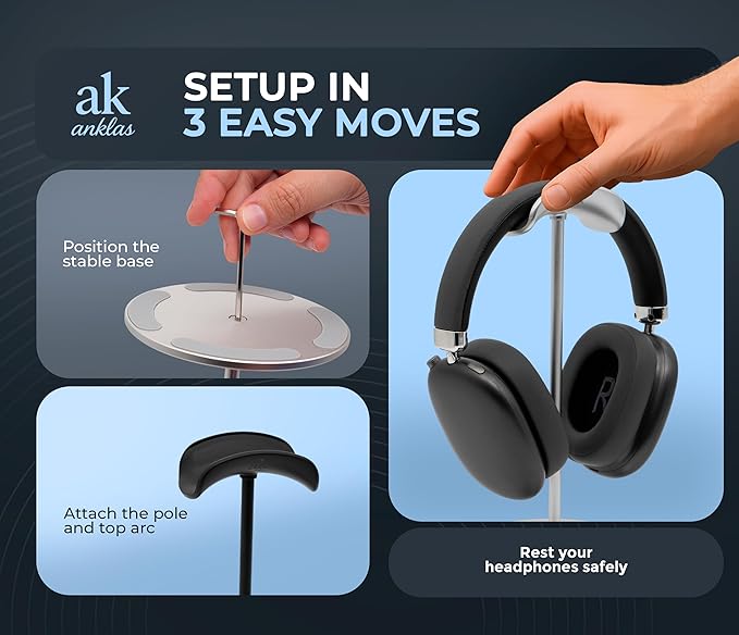 ak anklas Headphone Stand for Desk – Premium & Minimalist Headset Holder with Round or Oval Base for Gaming, Office & Home (Silver, Standard)