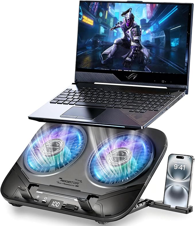 2026 Upgraded Laptop Cooling Pad with Dual TEC Cooler, Gaming Laptop Cooler, 2 Powerful Turbo Fans, Fast Cooling Laptop 12-21in, 5 Height Stands, 100 Gear Speed Adjust, LCD Screen, RGB, Phone Holder