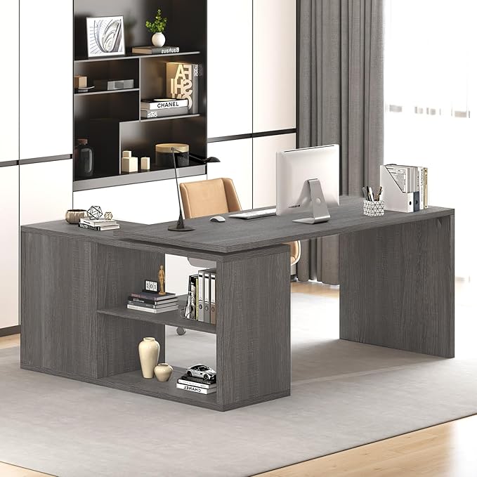 HSH L Shaped Computer Desk, Rustic Wood Corner Desk, Industrial Writing Workstation Table with Cabinet Drawer Storage for Home Office Study, Grey 55 inch