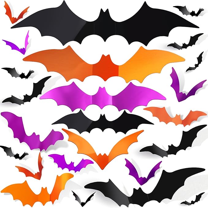 FANDAMEI 140PCS Halloween Bats Wall Decor, Bats Decoration, 5 Sizes 3 Colors Bat Decor Party, 3D Bat Wall Decor for Halloween Indoor Outdoor. Sticky Bats Home, Bat Stickers for Window(140PCS)
