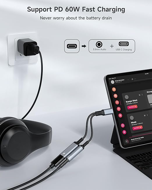 Marsno USB C to 3.5mm Headphone and Charger Adapter, 2-in-1 USB Type C to Aux Audio Jack Splitter, PD 60W Fast Charging Dongle for iPhone 17/16/15, Galaxy S25/S24/S23, iPad Pro, Pixel (Gray)