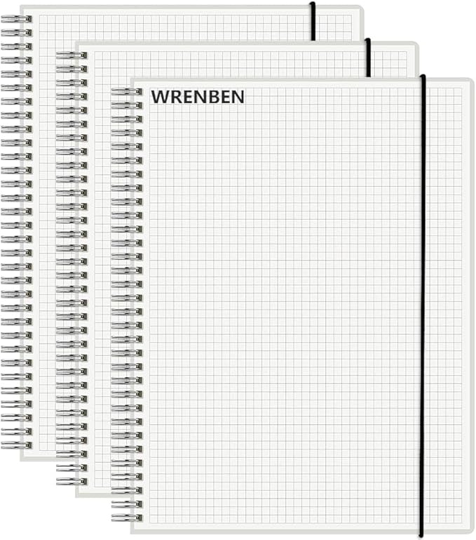 WRENBEN Graph Paper Spiral Notebook 8.5 x 11 Inches 240 Pages, A4 Grid Journal with 120gsm Thick Graphing Paper, Large Math Notebook 1/5 Inch Squares with Water-proof PVC Cover (3 Pack, A4)