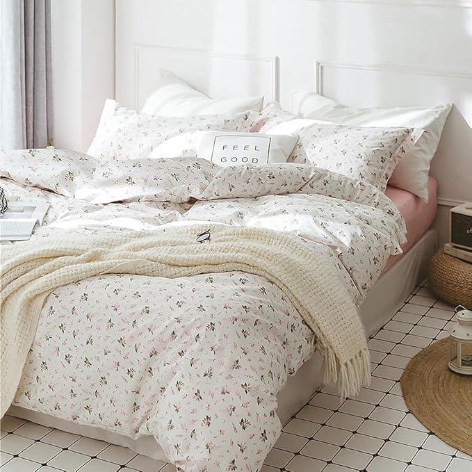 HighBuy Vintage Floral Comforter Set King Size White Pink Floral Bedding Sets Aesthetic Chic Flower Botanical Comforter Set for King Bed,1 Pink Floral Comforter with 2 Pillowcases,All Season
