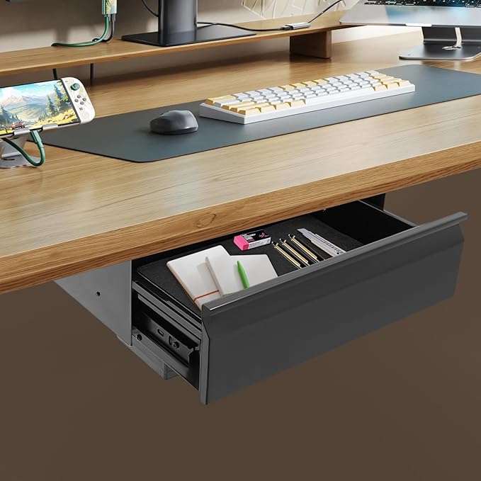 LEYSRIS 17.5" Under Desk Storage Drawer with Built-In Power Strip, Black Sliding Pull-Out Drawer for Sit Stand Workstation