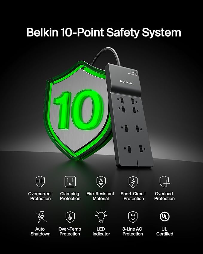 Belkin 8-Outlet Surge Protector w/8 AC Outlets & 8ft Long Flat Plug,UL-Listed Heavy-Duty Extension Cord for Home,Office,Travel,Computer,Laptop,Phone Charger - 2,500 Joules of Protection,(Pack of 10)