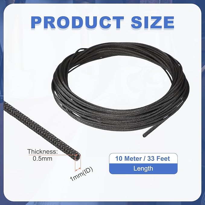 uxcell Insulation Cable Protector,1mm/0.04 Inch-10m/33 Feet High Temp Fiberglass Sleeve Black