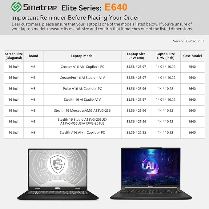 Smatree Laptop Sleeve for 16 inch MSI Stealth A16 AI/16 AI Studio A1V, for 16 inch MSI Creator A16/Pulse A16 AI, for CreatorPro 16 AIStudio, Case with Pocket, Patented Shockproof Design (E640)
