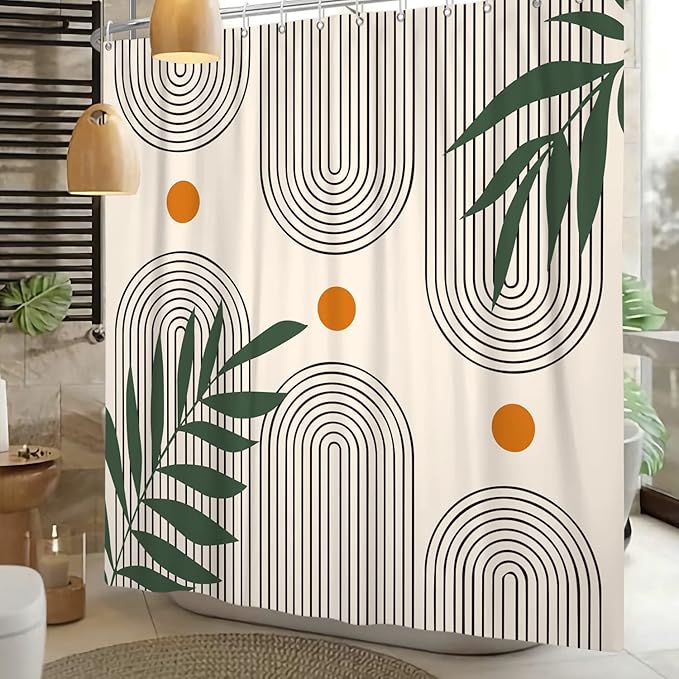 Boho Mid Century Shower Curtain Abstract Arch Geometric Sun Curve Rainbow Tropical Leaves Minimalist Shower Curtain Aesthetic Beige Bathroom Decor Fabric Curtains Set 72x78 inch
