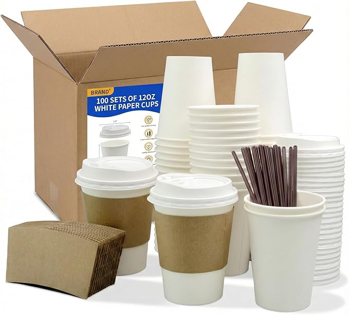 100 Pack 12oz Disposable Coffee Cups With Lids straws sleeves, Disposable cups, Paper Cup, Tea Cups for Hot To Go Coffee k cups with lids, Cupping set,Beverages, shop Home Office Party Travel