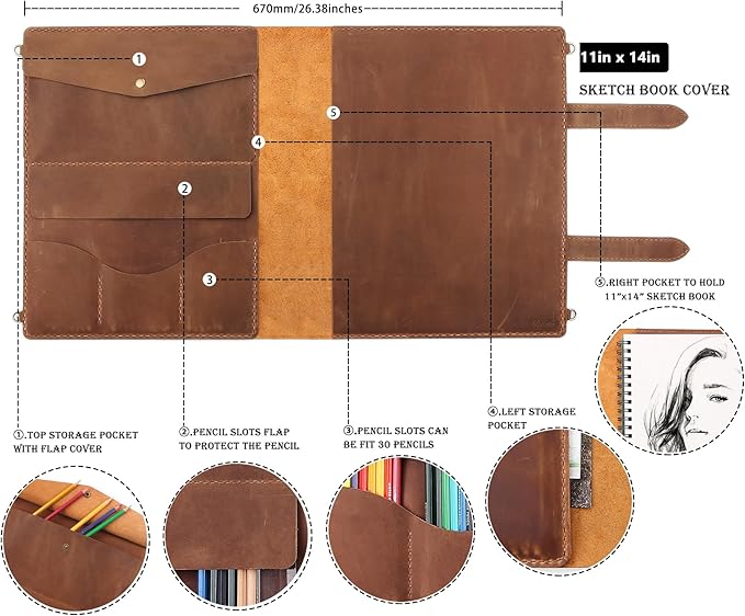 Robrasim Handmade Leather Sketchbook Cover, Artist Sketch Pad Holder for 11"X14" Sketchbook, Drawing Book and Pencil Case, Journal Notebook Portfolio with Shoulder Strap, Artist Gifts, Brown