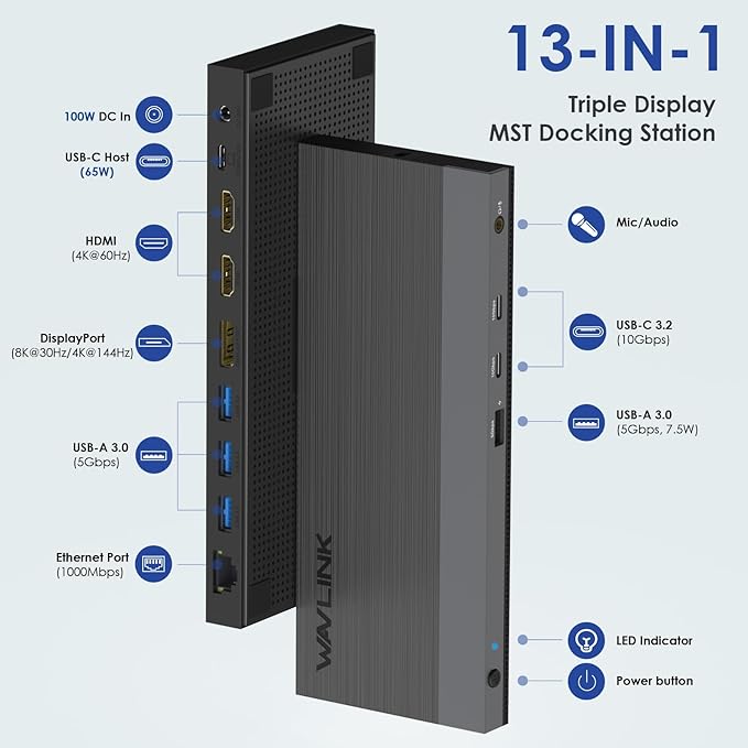 WAVLINK USB C Docking Station Triple Display Dual Monitor, USB Type C to Dual HDMI Dock, 2 HDMI, DisplayPort, 100W PD3.0 for Laptop, Ethernet, 4 USB 3.0, 2 USB C, Audio