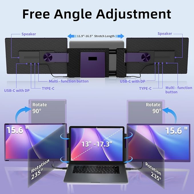 BKVOO 15.6" Laptop Screen Extender Monitor - Detachable Triple Monitor FHD 1080P IPS 120% sRGB 235° Rotation Travel Extra Screen Compatible with Wins Mac Chrome Dex Fits 13-17" Laptop