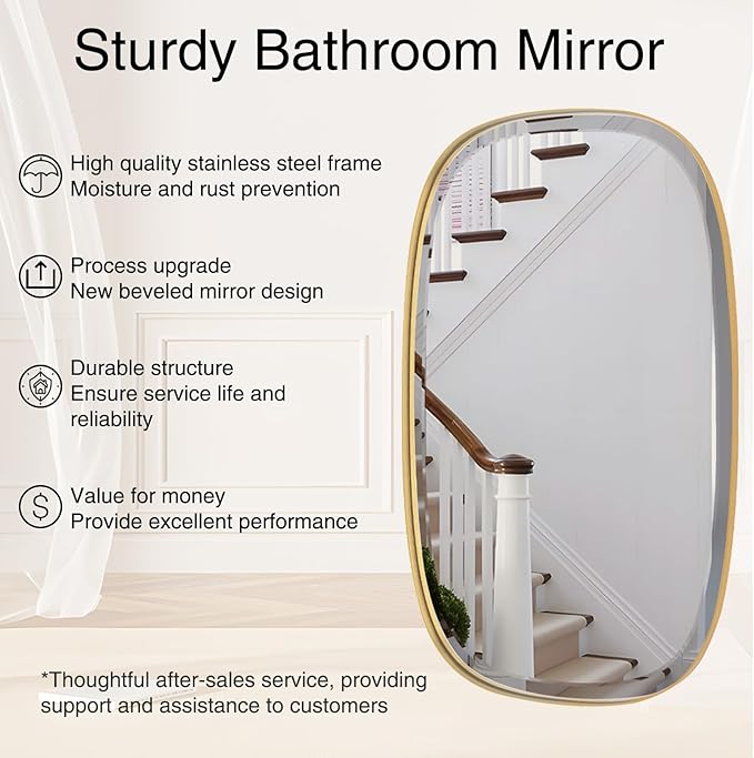 POZINO Brushed Gold Mirror, 20"x30" Brass Beveled Mirrors for Bathroom, Rounded Rectangle Mirror, Modern Vanity Wall Mirrors in Premium Stainless Steel Frame Hangs Horizontal Or Vertical