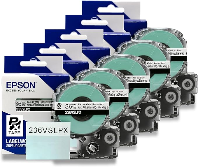 Epson LABELWORKS 236VSLPX-5PK Genuine Tape Cartridge - 5 Pack of Black on White Durable Vinyl Self Laminating Overwrap Industrial Label Maker Tape - 1.5" (36MM) Wide, 26.2 ft - 5 Pack