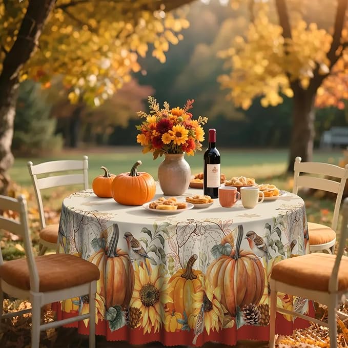 Eikione Sunflower Round Tablecloth 60In, Fall Tablecloth Waterproof and Reusable, Yellow Flower Rustic Floral Table Covers for Holiday Outdoor Decor