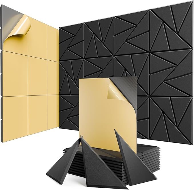 12 Pack Acoustic Panels with Self-Adhesive, 12"X 12"X 0.4"Sound Proof Foam Panels, Sound Panels High Density, Soundproof Wall Panels for Home Studio Office-Black
