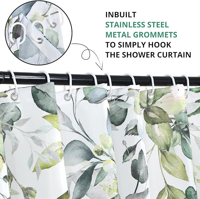 Sage Green Eucalyptus Shower Curtain, Watercolor Leaves Plant Spring Floral Waterproof Fabric Machine Washable with Hooks for Bathroom Bathtub Decor 60Wx72H