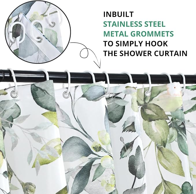 Sage Green Eucalyptus Extra Long Shower Curtain, Watercolor Leaves Plant Spring Floral Waterproof Fabric Machine Washable with Hooks for Bathroom Bathtub Decor 72Wx78H