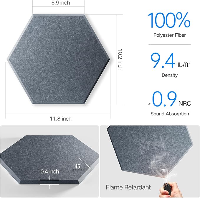 16 Pack Self-Adhesive Acoustic Panels 12" X 10" X 0.4" - Sound Proof Foam Panels for Wall with High Density, Hexagon Design, Flame Resistant, Absorb Noise and Eliminate Echoes(Gray)