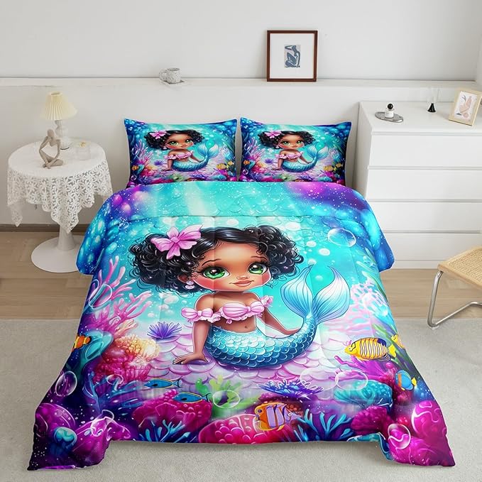 Cute Mermaid Full Size Comforter Set,Reversible Cute Girl Fish Scale Print Black Bedding Comforters Bedroom Collection,African Style Cartoon Fairy Tale Theme Bedding Set for Girls Teens