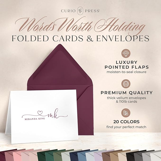Curio Press Personalized Stationery for Women & Men - Folded Thank You Cards with Custom Notecards, Personalized Note Cards with Envelopes, Name and Monogram, Custom Stationery - Precious Mono Fold