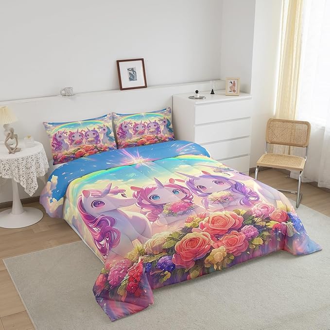 Castle Fairy Kawaii Unicorn Full Size Comforter Set,Cartoon Cute Unicorn Horse Animal Reversible Bedding Comforters Bedroom Collection,Stars Rainbow Watercolor Flowers Bedding Set for Girls Teens
