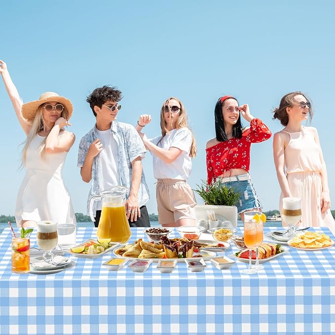 6 Pack Light Blue Gingham Tablecloth Rectangular Pale Blue and White Checkered Tablecloths Disposable Plastic Plaid Table Cover for Parties, Outdoor Picnic, Birthday, Wedding, Camping 54 × 108 Inch