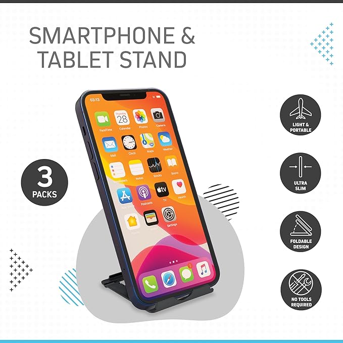CHARGEWORX Stand for Tablets, Smartphones, 3-PK | Adjustable Mount w/ 6 Viewing Angles | Flexible Frame for Landscape, Portrait Modes | Travel Tablet Stand
