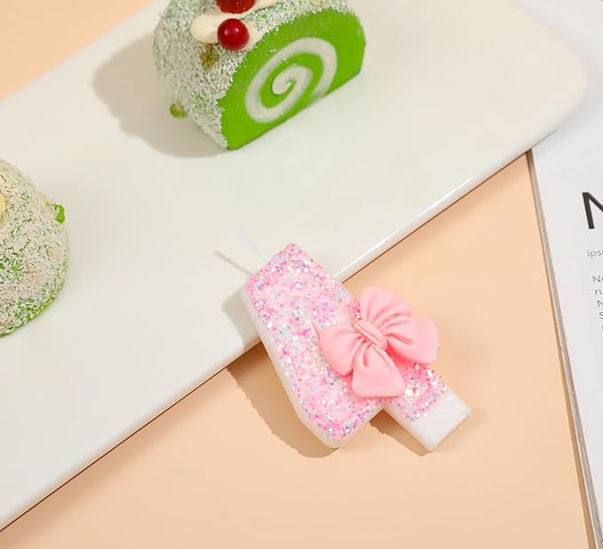 Number 14 Candle Pink Sequins and Bowtie 14th Cake Topper, 14 Birthday Candle for Girls Pastel Sweet Theme Birthday Party or Adults Milestone Age Decoration
