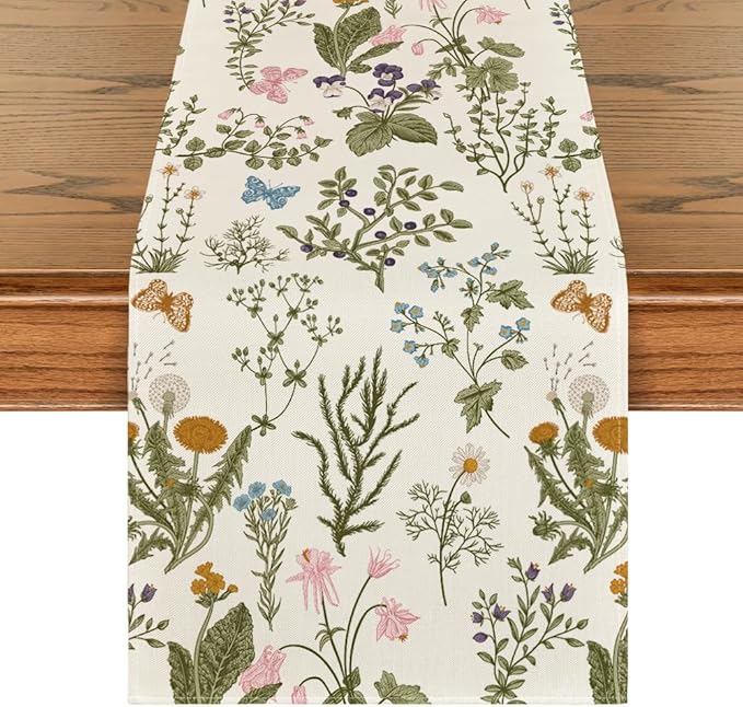 Artoid Mode Wildflowers Floral Spring Table Runner, Butterfly Seasonal Summer Kitchen Dining Table Decoration for Home Party Decor 13x120 Inch