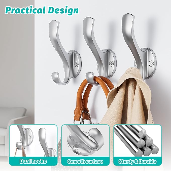 Coat Hooks Heavy Duty - Easy to Install Metal Towel Hooks Fashionable Wall Hooks for Hanging Hat, Towel, Key, Robe, Scarf, Bag, Cap (8 PCS Silver)