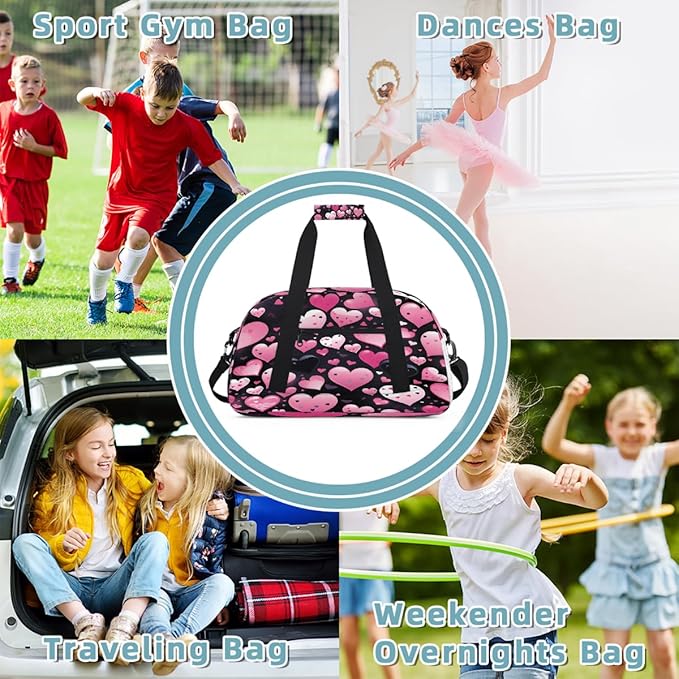 Pink Black Heart Pattern Sports Duffel Bags, Water-Resistant Gym Duffle Bag for Men Women, Lightweight Weekender Overnight Bag for Fitness, Workout, Travel