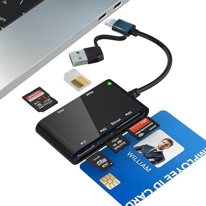 USB C/USB A SIM Card Reader- 7 in 2 CAC Smart Card Reader Military, MS Pro Duo/SD/TF/M2/ID/IC/PIV/Sim Card Adapter, SIM Card Reader for iPhone 17/16/15/iPad/PC/Laptop/Windows/Linux