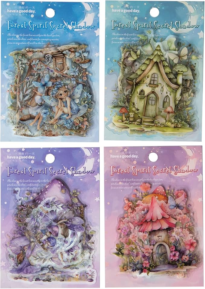 Dwpetzo Scrapbook Fairy Stickers for Scrapbooking Supplies, 80 Pcs Transparent PET Forest Mushroom House Scenery Stickers Ephemera for Junk Journals, Journaling, Collage, Art Crafts